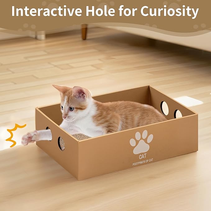 Heavy Duty Cardboard Cat Scratcher Box, Cat Bed with Double-Sided Cardboard Scratch Pad, Interactive Hole Design, Scratch Lounge Bed Suitable for Cats to Rest(Paw Pattern)