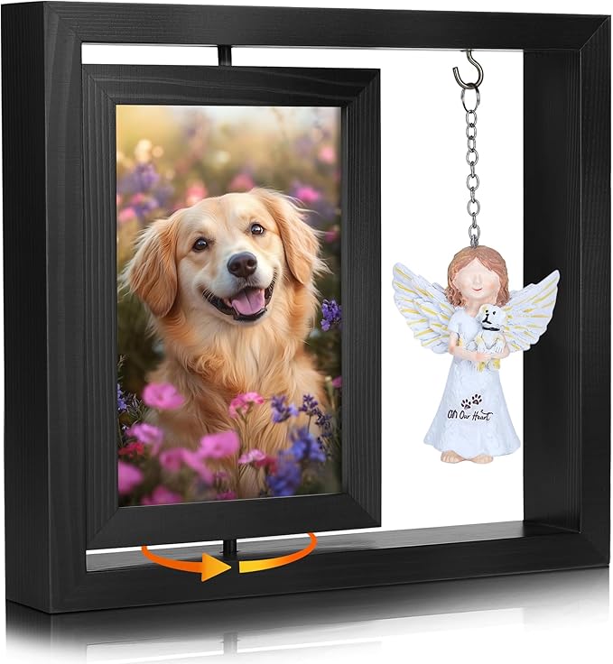 Dog Memorial Gifts for Loss of Dog, Rotating Wooden Picture Frame with Resin Angel Statues for 4x6 Photo, Pet Memorial Gifts for Dog Cat, Pet Loss Sympathy Bereavement Remembrance Keepsake, Black