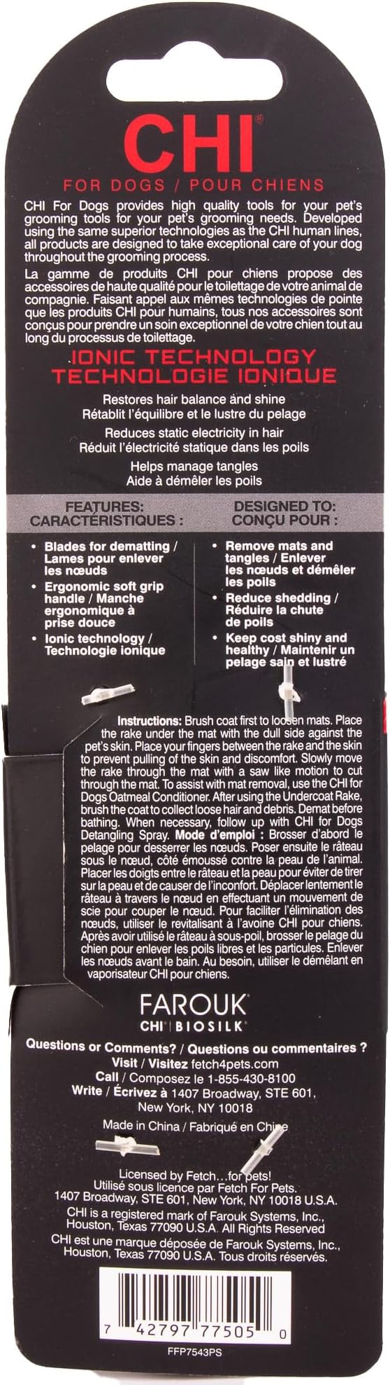 CHI for Dogs Dematting and Deshedding Undercoat Rake - Dog Grooming Tool for Long Hair - Safe Blade Design for Mats and Knots - Ideal for Thick Coats and Tangled Fur