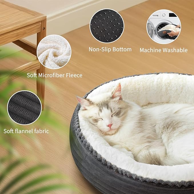 23in Round Cat Dog Bed for Large Medium Small Dogs Cats, Machine Washable Sleeping Sofa, Non-Slip Bottom Breathable Soft Calming Pet Cuddler for Indoor/Outdoor/Car/Cage, Dark Grey