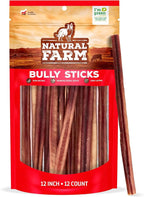 Natural Farm Odor-Free Bully Sticks (12 Inch, 12 Pack), 1.2 lbs. Per Bag, 100% Beef Pizzle Chews, Grass-Fed, Non-GMO, Fully Digestible Long Lasting Best Dental Treats to Keep Your Dogs Busy