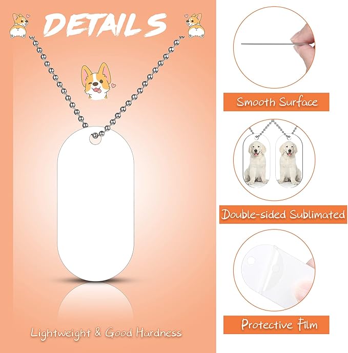 Hicarer 15 Sets Sublimation Blank Dog Tags Set Includes Aluminum Sublimation Stamping Blank Tags Necklace Chain 1 Roll of Tape for DIY Decorative Oval
