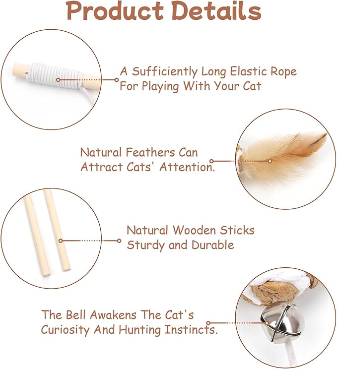 15.8inch 3Pack Interactive Cat Wand Toy for Indoor Cats Teases for Bored Indoor Adult Cats to Chase and Exercise Solid Wood Bell Ball