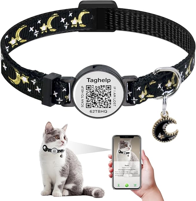 Upgraded Version - Cat Collar Stars and Moon, Solid & Safe, Pet Collar, Breakaway Cat Collar, Smart ID tag.Real-time scan alerts | Shareable Pet Profile | No Subscription or fees(Black)