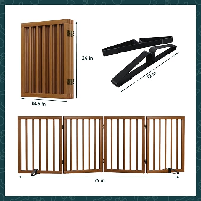 Semiocthome Freestanding Dog Gate 24“Tall, Walnut Foldable Dog Gates for Doorways Stairs Indoor, Wooden 4 Panels Pet Gates for Dogs with 2 Metals Stands, Fully Assembled Door Gates Fences