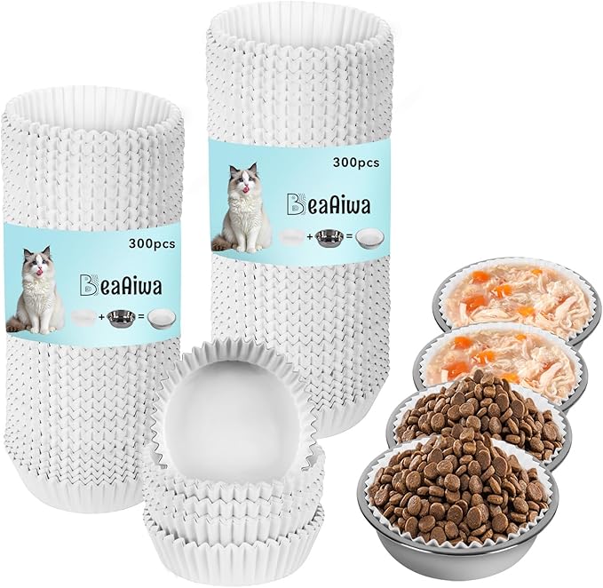 Disposable Cat Food Bowl Set (600 Pcs Small Paper Bowls + 4 Pcs Stainless Steel Pet Bowls) Dog Disposable Bowls Disposable Cat Plates for Wet Food Pet Food Bowl for Pet Feeding Station(White)