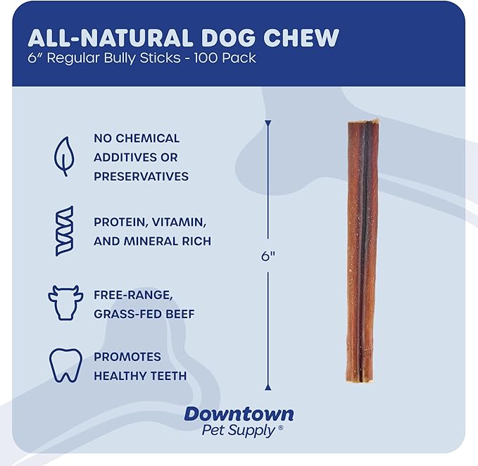Downtown Pet Supply 6-inch Bully Sticks for Dogs, Pack of 100 - Single Ingredient, Nutrient-Rich and Odor Free Bully Sticks for Dogs - Rawhide Free Dog Chews Long Lasting and Non-Splintering