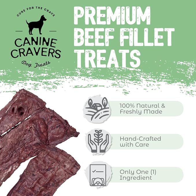 Canine Cravers Single Ingredient Dog Treats – Premium Beef Fillets - Human Grade Air Dried Hypoallergenic Pet Food – Grain, Gluten, and Soy Free – 100% All Natural - 5.3 oz