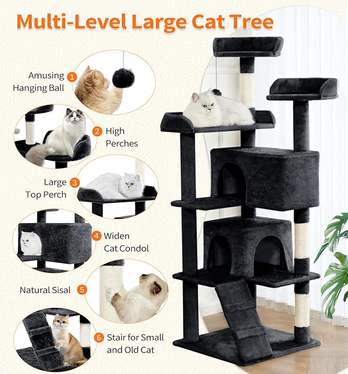 Made4Pets Cat Tree Tower 56" Cat Tower for Indoor Cats Kitten Tree Multi-Level Cat Tree with 2 Condo Furniture Activity Center with Scratching Posts Funny Toys (Black)