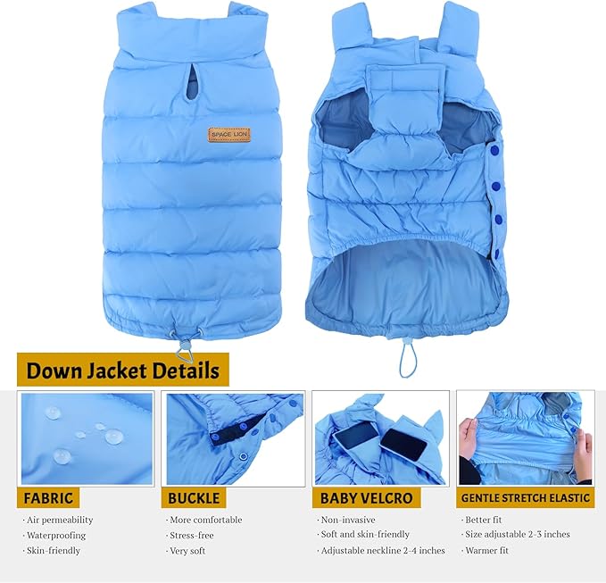 SPACE LION Puffer Jacket, Down Winter Coat, Waterproof, Windproof, Lightweight Jacket, Adjustable Fit for Small Dogs(LightBlue,S)