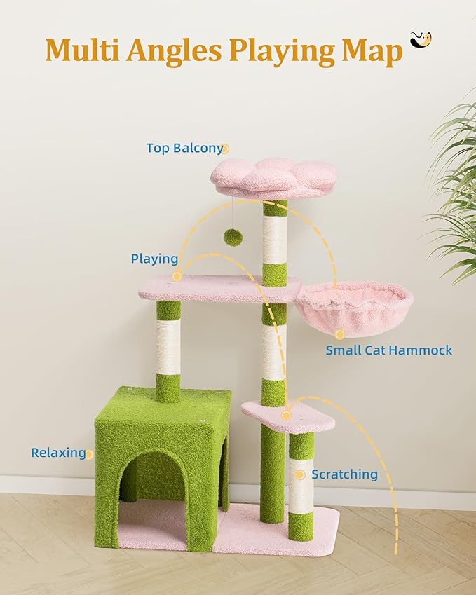 Flower Cat Tree Tower for Large Cats, 41.2'' Cute Cat House with 4 Scratching Posts, 2-Door Condo Cave for Adult Cats, Cozy Perch and Hammock for Small Cats or Pets, Green Pink