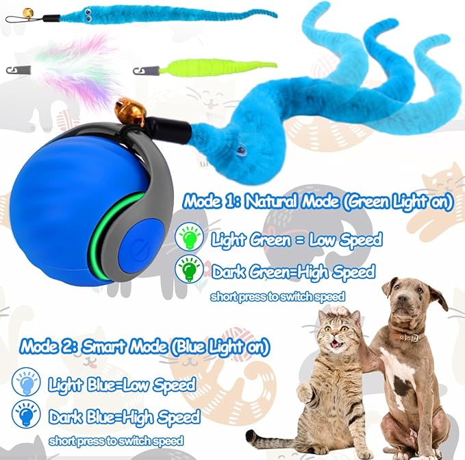 2PCS Interactive Cat Toy Ball with Feather Tails - Speedy Cat Toys for Indoor Cats, Moving Stimulation Smart Cat Toy for Enrichment, Motion Activated Automatic Rolling Toys to Keep Them Busy Blue