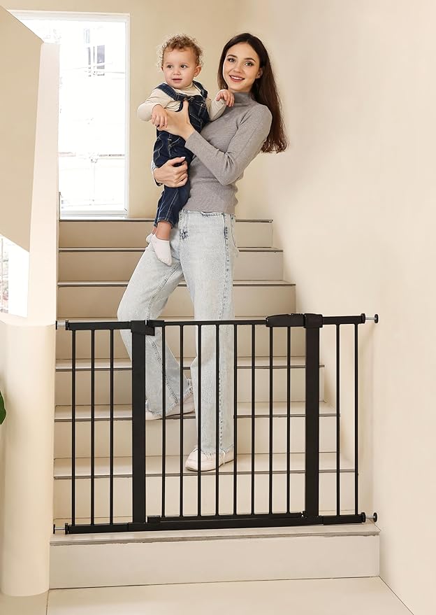 29"-57" Baby and Pet Safety Gate, 30" Tall Metal Walk-Thru Gate for Doorways & Stairs, Easy One-Hand Open, Dual Lock, Extensions & Wall Mounts Included (Black, 29"-46" W x 30.5“H)