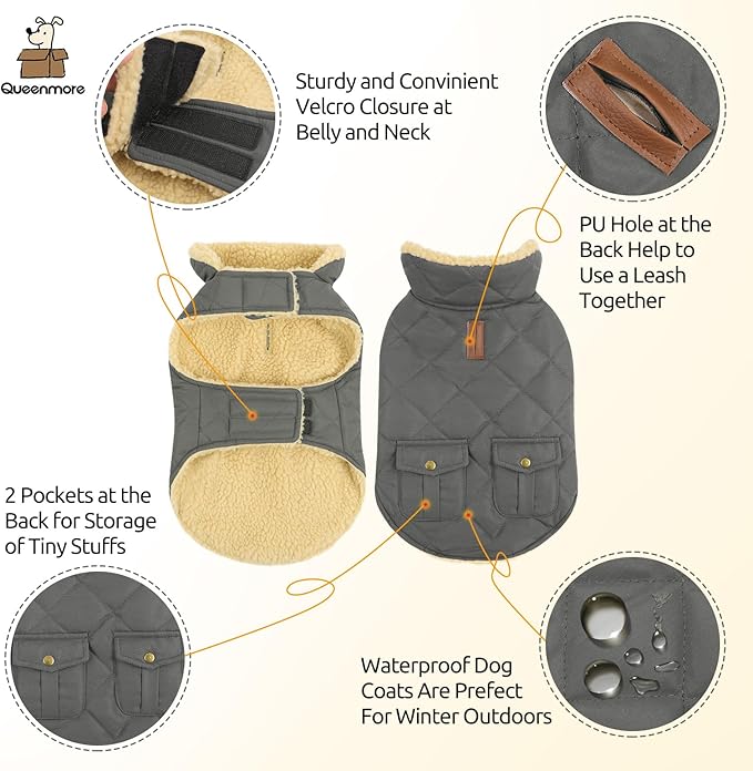 Queenmore Dog Winter Coat - Fleece Jacket, Waterproof Cold Weather Dog Clothes, Thick Warm Cotton Padding, Easy On Storage Pockets (Grey, Small)