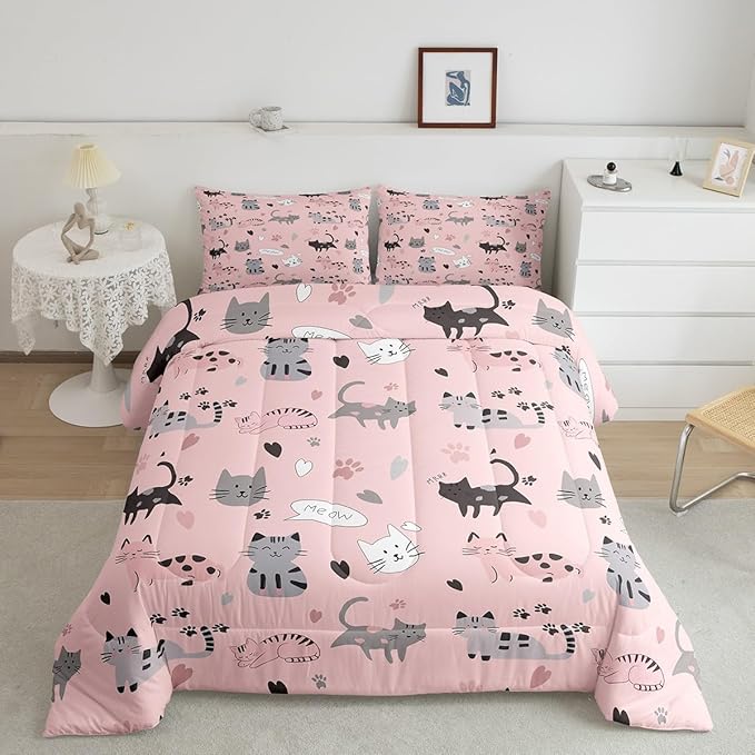 Erosebridal Kids Cat Comforter Set Full Cute Pet Bedding Set for Girls Pink Kitten Bedding Comforter Sets Kawaii Cat Paws Duvet Insert Cartoon Animal Theme Quilted Comforter Lovely Bedroom Decor 3pcs