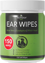 NOVEHA - Dog Ear Cleaner Wipes, Daily Ear Cleaner for Dogs & Cats - Stop Ear Itching with Aloe, Eucalyptus & Witch Hazel Ear Wipes for Dogs - for Odor Control, Dirt and Wax Removal, Unscented (150 Ct)