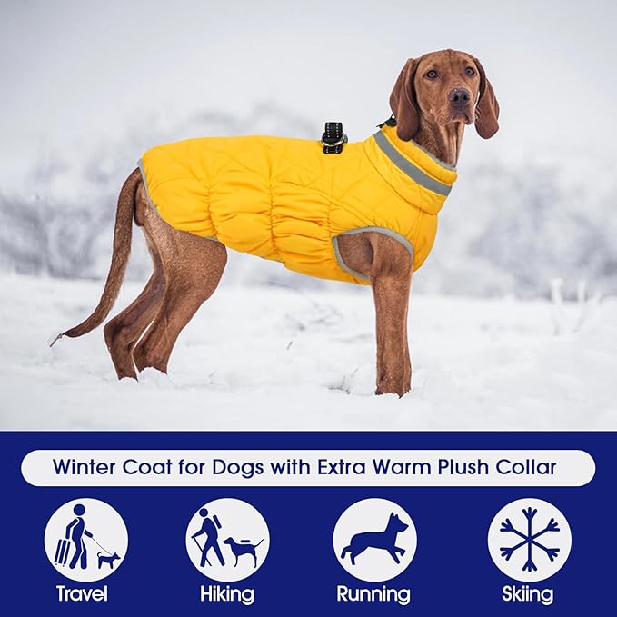 FUAMEY Dog Coat for Large Dogs,Waterproof Dog Winter Jacket with Harness Built in Puppy Cold Weather Coats Reflective Pet Vest with Zipper Warm Fleece Dogs Snowsuit Windproof Yellow 3XL