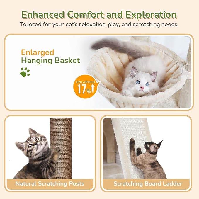 Globlazer Cat Tree Tower for Indoor Cats, 52in Multi-Level Heavy Duty Cat Tower with 4 Scratching Posts, Ladder, Sturdy Cat Tree with 3 Cat Condos for Adult Cats Kittens, Hanging Basket, F52B, Beige