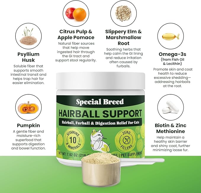 Hairball Support for Cats - 10 Super Ingredients for Hairball Relief, Digestive Support & Healthy Skin - No Fillers - Psyllium, Pumpkin, Omega-3s & More - 720 Scoops