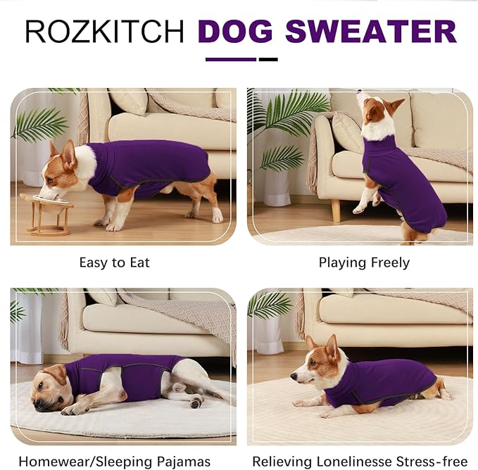 ROZKITCH Dog Winter Coat Soft Pullover Pajamas, Pet Windproof Warm Cold Weather Jacket Vest Cozy Onesie Jumpsuit Apparel Outfit Clothes for Small, Medium, Large Dogs Walking Hiking Travel Sleep Purple