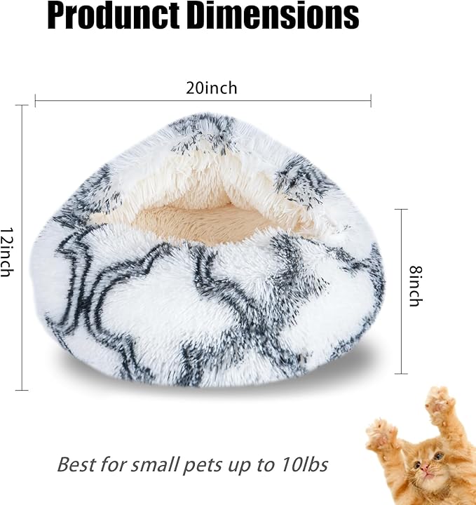 Calming Dog Beds & Cat Cave Bed with Hooded Cover,Washable Round Beds for Small Medium Pets,Anti-Slip Faux Fur Fluffy Coved Bed,Comfortable Warming Pet Bed (20 * 20inch,Black and White)