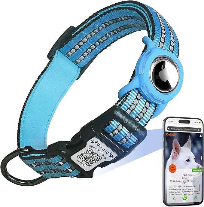 Reflective Dog Collar with Apple AirTag Holder & QR Code Pet ID Tag,Soft Nylon Adjustable Dog Tracker Collar with Safety Lock for Small Dogs (Blue, S)
