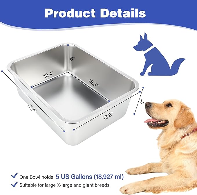 5 Gallons Large Dog Water Bowl, Stainless Steel Metal Dog Bowls, Large Capacity Pet Food Bowl Water Dish for Indoor and Outdoor Universal for Giant Dogs 17.7x13.8x6 Inch