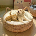 Natural Cat Bed Straw Nest Woven Pet House Handmade Braided Cattail Leaf with Soft Cushion 17 x 17 Inches