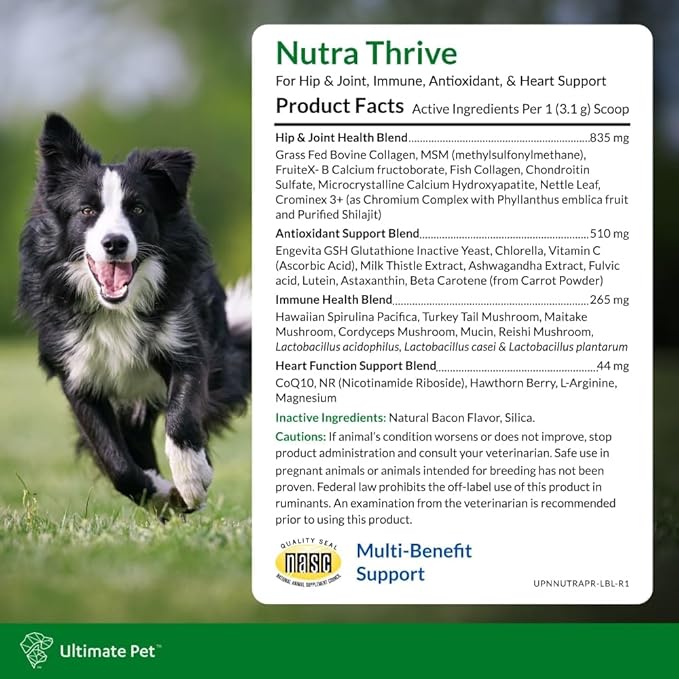 Ultimate Pet Nutrition Nutra Thrive Canine, 40-in-1 Nutritional Powder Supplement for Dogs with Digestion and Immune Support, Vitamins, Minerals, Probiotics, Enzymes, 30 Scoops