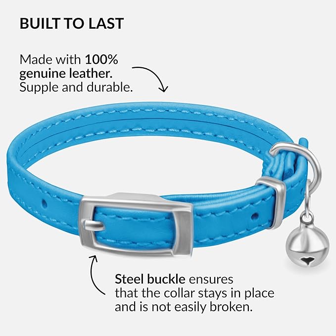 CollarDirect Leather Cat Collar with Bell - Kitten Collar, Small and Big Cat for Boy Cats, Girl Cats with Safety Elastic Strap (Neck Fit 6"-7", Light Blue)