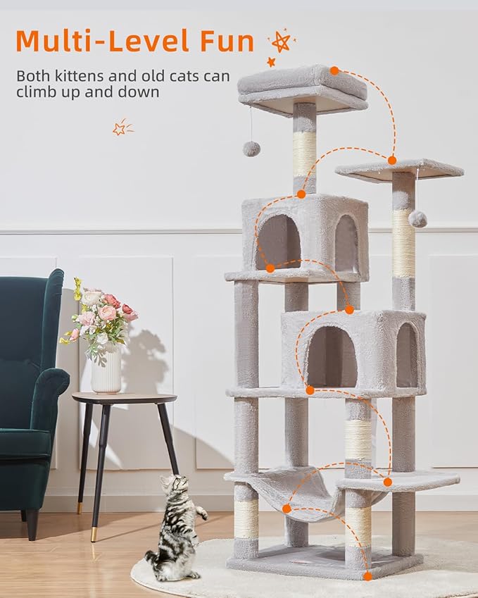 Taoqimiao Cat Tree, 61-Inch Cat Tower for Indoor Cats, Plush Multi-Level Cat Condo with 5 Scratching Posts, 2 Perches, 2 Caves, Hammock, 2 Pompoms, Light Gray MS013SW