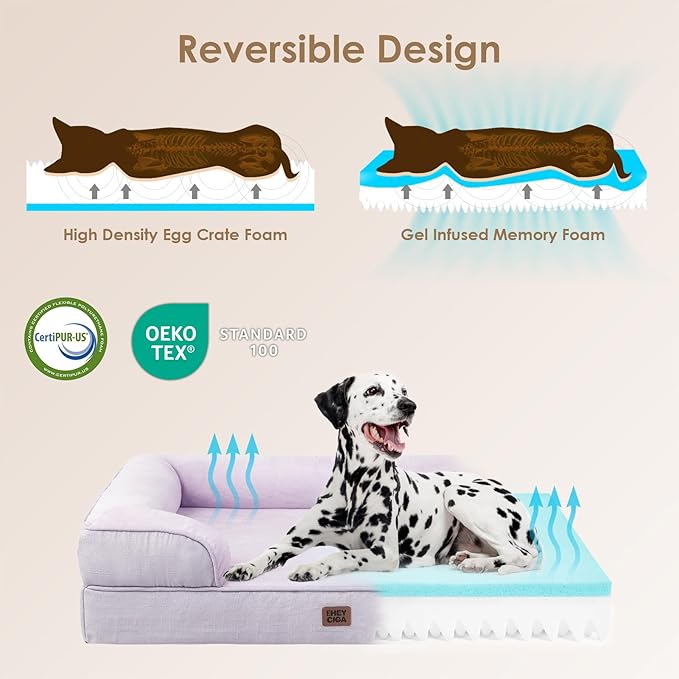 EHEYCIGA Orthopedic Dog Beds for Large Dogs, Waterproof Memory Foam Large Dog Bed with Sides, Non-Slip Bottom and Egg-Crate Foam Pet Couch Bed with Washable Removable Cover, Lilac