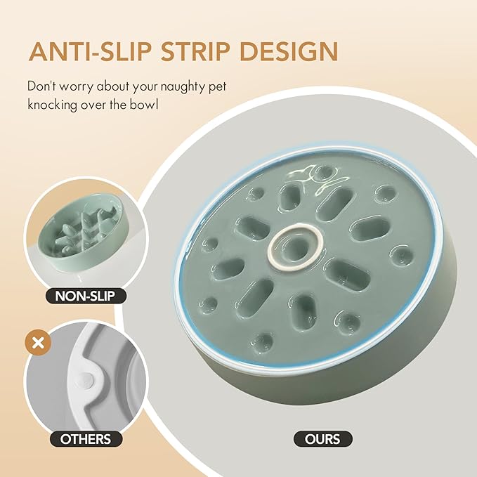 7.3inch Ceramic Dog Raised Slow Feeder Set, Elevated Bowl with Wooden Stand for Medium and Small Dog, Slow Feeder Dish for Fast Easters(Light Green, Single Bowl+ Stand)