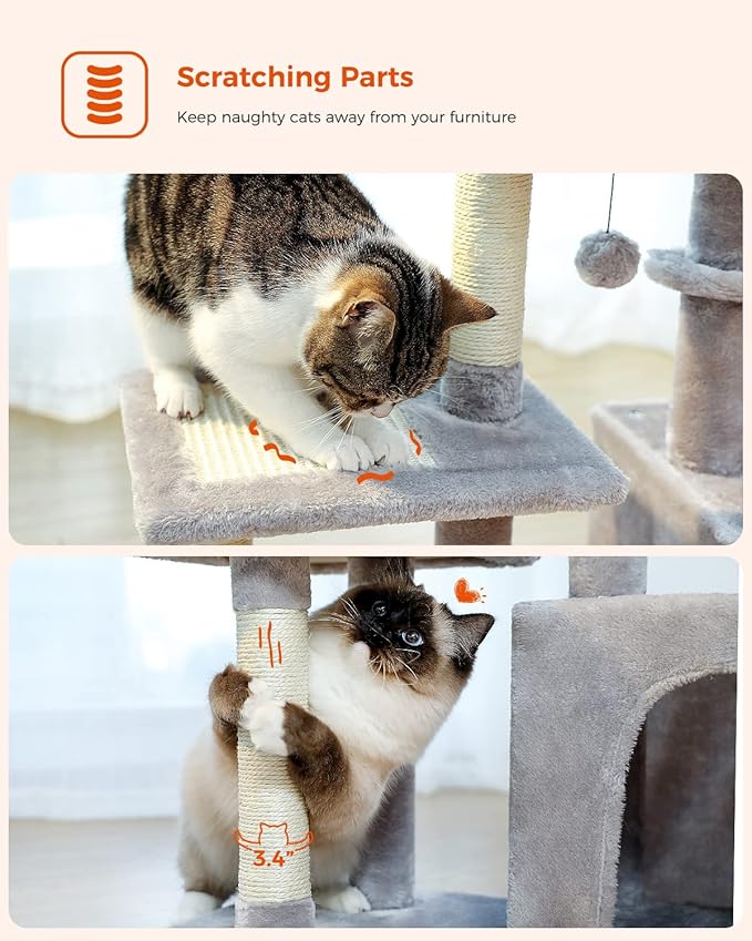 PEQULTI Small Cat Tree, [28.5''] Cat Tower for Indoor Cats, 2 Styles Activity Tree with Cat Scratching Posts, Big Hammock and Removable Top Perch Grey