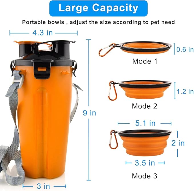 Dog Travel Water Bottle Collapsible Bowls, 2 in 1 Pet Food Container with Collapse Bowls, Outdoor Portable Water Bowls for Walking, Traveling, Camping and Hiking (Orange)