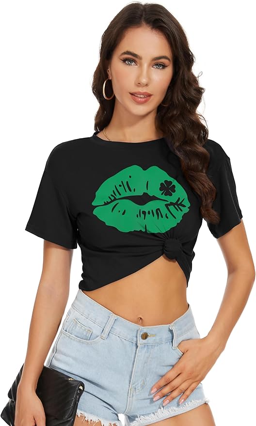 Womens Summer Crop Tops Short Sleeve Round Neck T-Shirts Loose Fit Casual Blouse