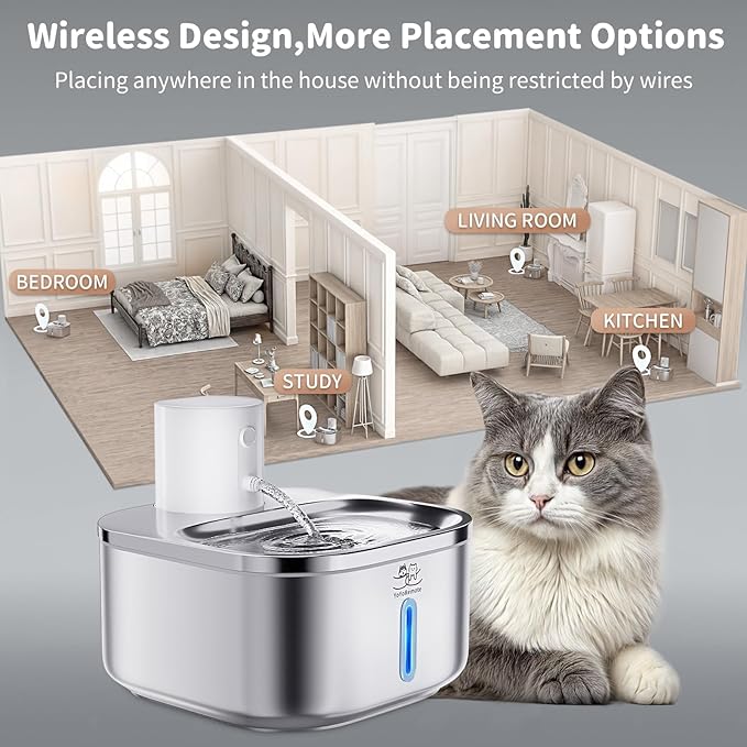 Cordless Cat Water Fountain Stainless Steel: 108 oz/3.2L Water Fountain for Cats Dogs Indoor - Battery Operated Pet Water Fountain Rechargeable - Automatic Cat Water Dispenser with Motion Sensor