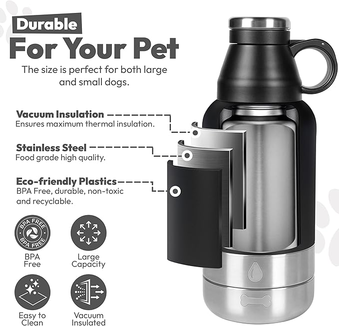 Stainless Steel Insulated Water Bottle with 2 Removable Water Bowls for Dogs – Leak-Proof Eco-Friendly Portable Dog Water Bottle - Travel Accessories for Dogs - 32oz - Black