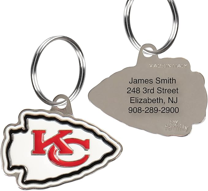 Kansas City Chiefs Personalized Pet ID Tags, Engraving 3 Lines Text, 32 NFL Team Logo Shapes, Stainless Steel