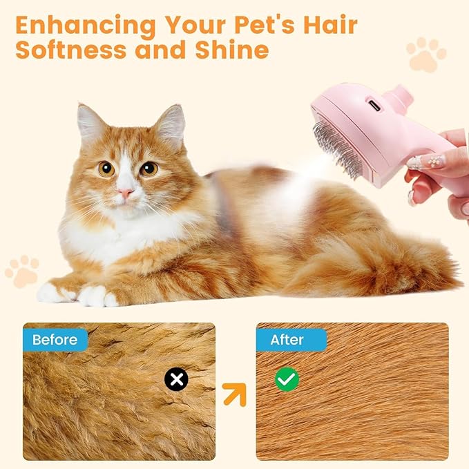 Cat Steam Brush with Release Button, 3-in-1 Steam Grooming Brush for Shedding, Hair Removal tool for Dogs & Cats, Self Cleaning Spray Comb with Mist for Long Haired Pets