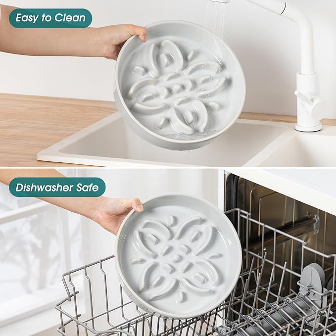 vancasso Ceramic Slow Feeder Dog Bowls, Puzzle Dog Food Bowls with Floral Maze, Anti -Slip Pet Food Dish for Large Breed, 3 Cups, Grey