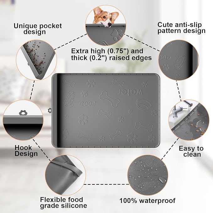 Dog Food Mat - Silicone Dog Mat for Water - 19" x 12" Pet Feeding Mats with Residue Collection Pocket - Waterproof Cat Bowl Mat with High Edges to Prevent Water Food Spills (Gray)