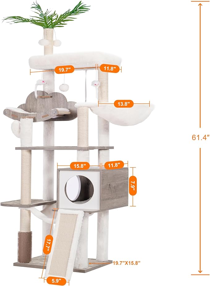 Heybly Wood Cat Tree for Indoor Cats, Cat Condo for Large Cats with Self Groomer, Modern Cat Scratching Tower with Basket, Hammock, Dangling Ball and Leaves, Rustic Gray HCT120SG
