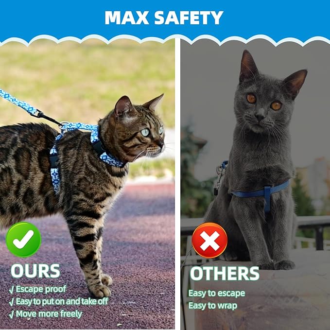 PAWCHIE Cat Harness and Leash Set, Cats Escape Proof-Adjustable Kitten Harness Lightweight Soft Outdoor Walking Travel Pet Safe Harness, Puppy Harness for Girl Cats Bunny Rabbit Small Dog, Blue M