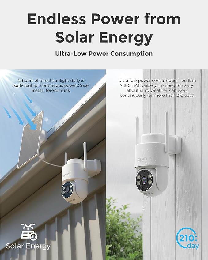 Devo Solar Security Camera Wireless Outdoor 360° PTZ - 2.3K Color Night Vision with AI Human Detection, WiFi 6 Pan/Tilt IP66 Waterproof, 180-Day Battery & Solar Panel, 2-Way Audio, Triple Alert System