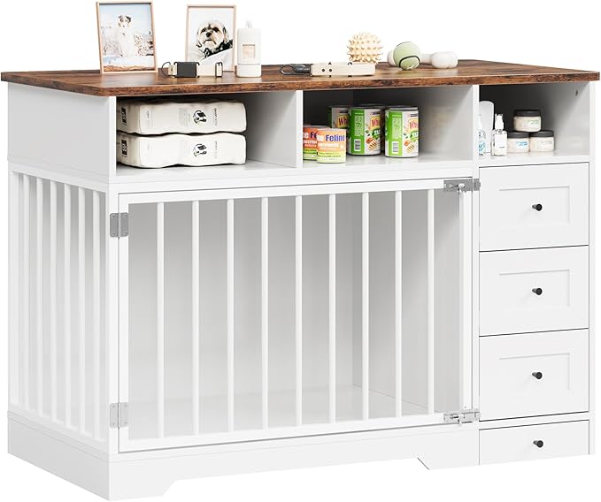 48'' Dog Crate Furniture, Farmhouse Heavy Duty Dog Kennel with Bowl & Storage Drawers, Medium Dog Cage End Table for Small Medium Dogs, White