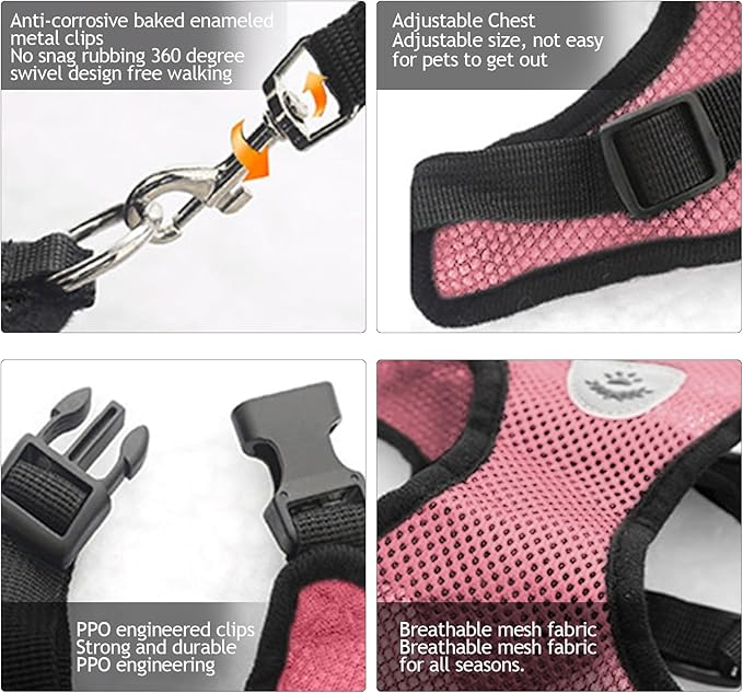 shudyear Summer cat Chest Harness and Leash, Anti-Escape Adjustable Soft mesh cat Leash and Chest Harness Set for All Types of Cats cat Vests(Size M,Pink)
