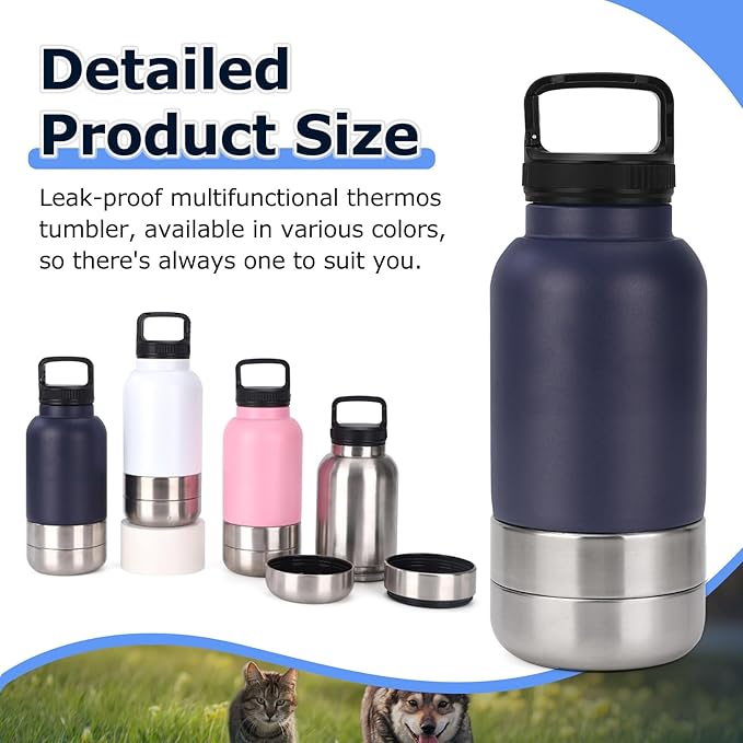Dog Water Bottle, 3 in 1 Portable Insulated Pet Travel Water Bottle with 2 Detachable Water Bowl, Stainless Steel Travel Water Bottles for Dogs, 6-12H Insulation Dogs Travels Food and Water Container
