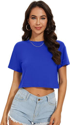 Womens Summer Crop Tops Short Sleeve Round Neck T-Shirts Loose Fit Casual Blouse