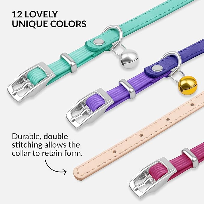 CollarDirect Leather Cat Collar with Bell - Kitten Small and Big Cat Collar for Boy Cats, Girl Cats with Safety Elastic Strap (Neck Fit 6"-7", Beige)